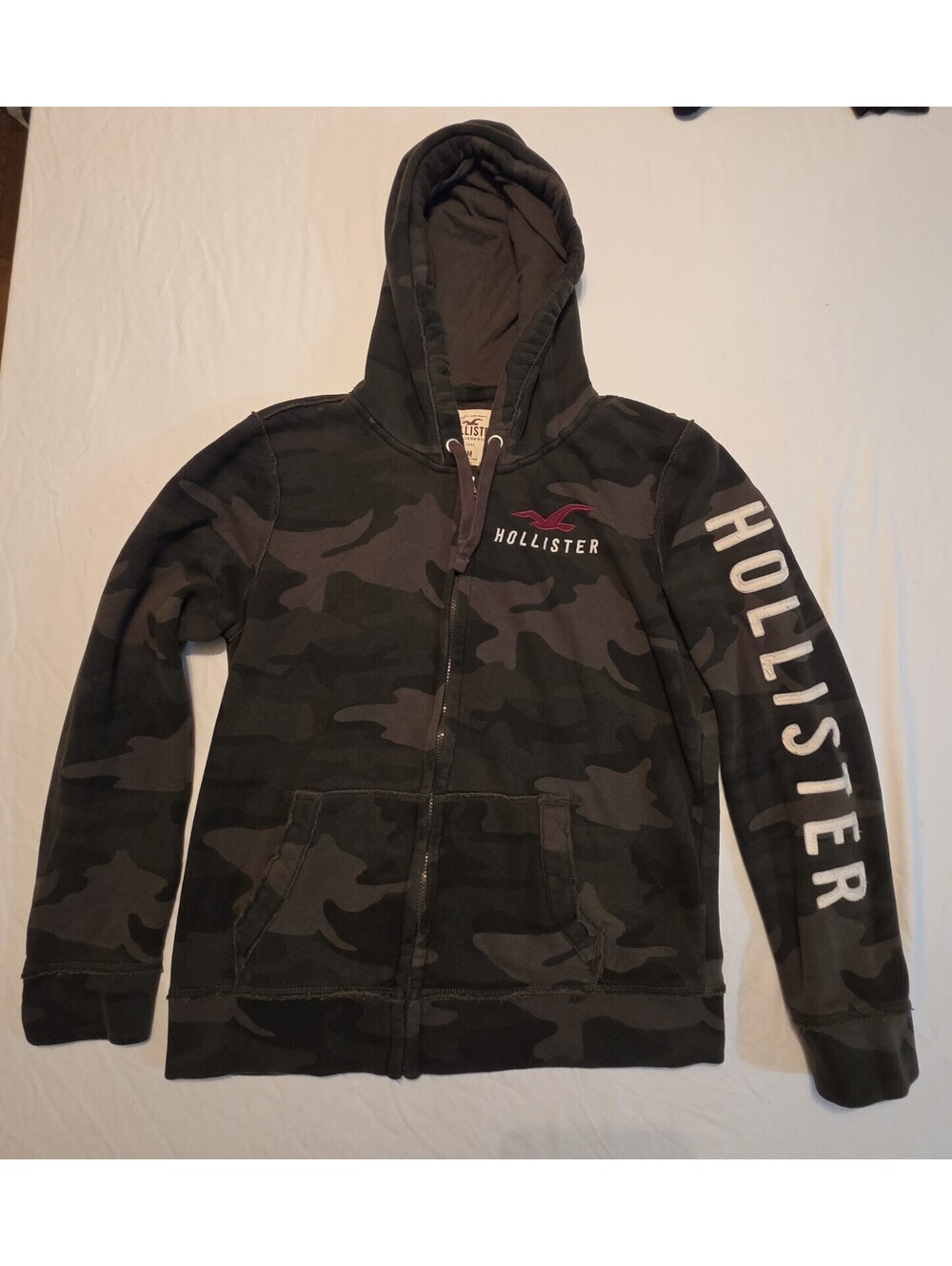 Hollister Full Zip Up Hoodie Camouflage Men’s Size M Embroidered Logo Sleeve Y2K